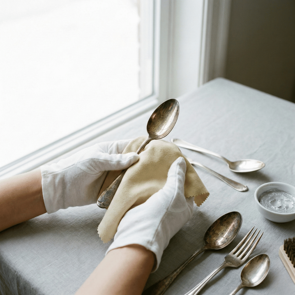Pussing av sølvbestikk med sølvkrem og myk klut