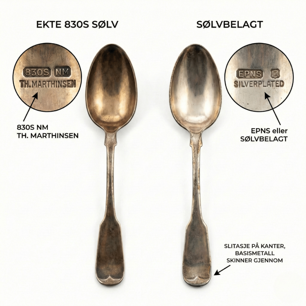 Sammenligning av ekte sølv og sølvplett - slitasje viser forskjellen